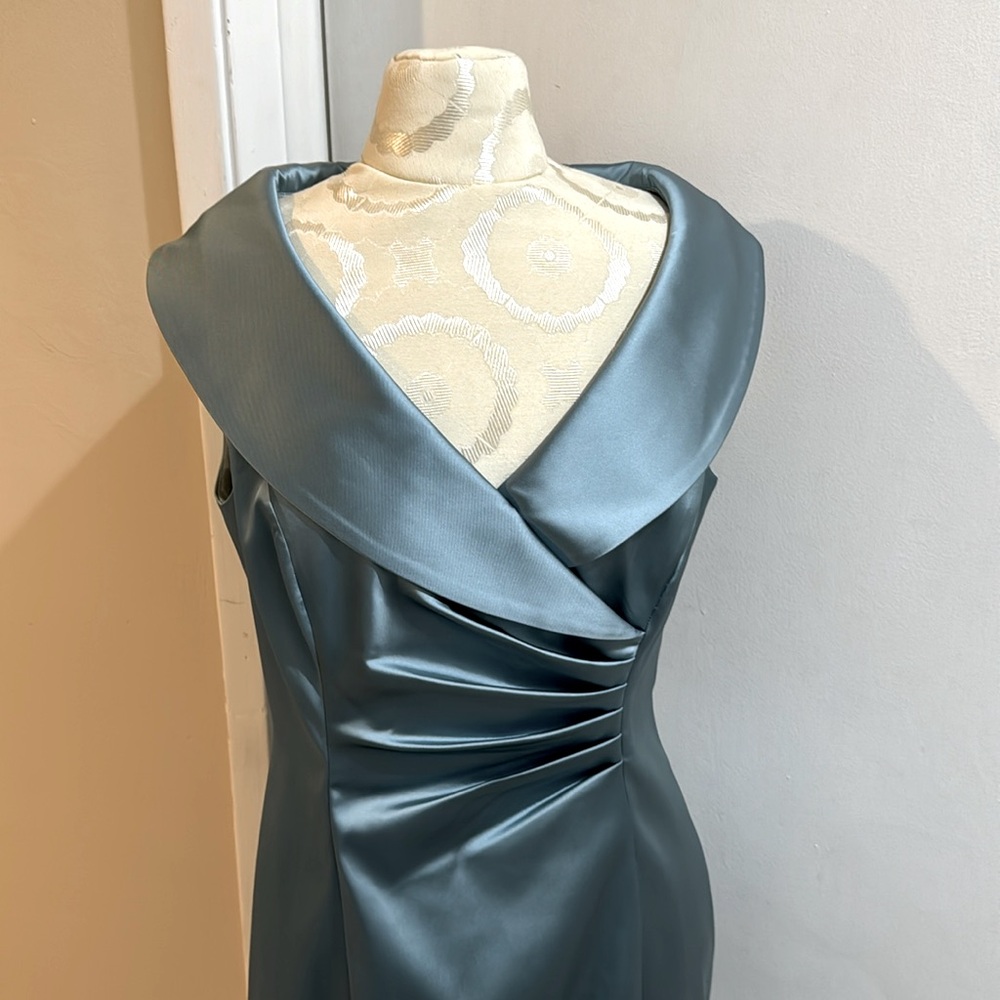 Silk Misty Blue Portrait Collar Ruched Sleeveless Tea Length Dress 10 - Picture 3 of 14